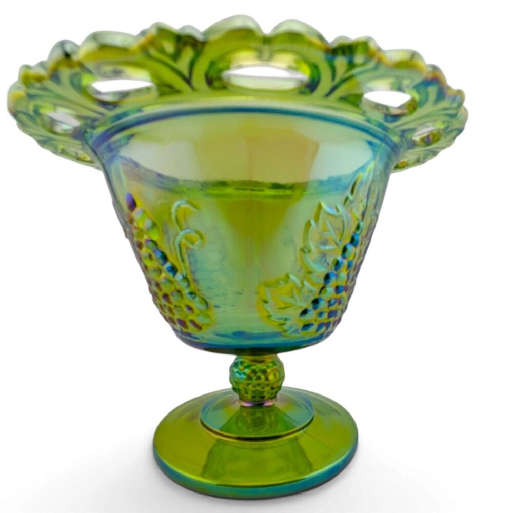 Vintage Indiana Glass Colony Harvest Grape Green Carnival Compote 5 7/8"